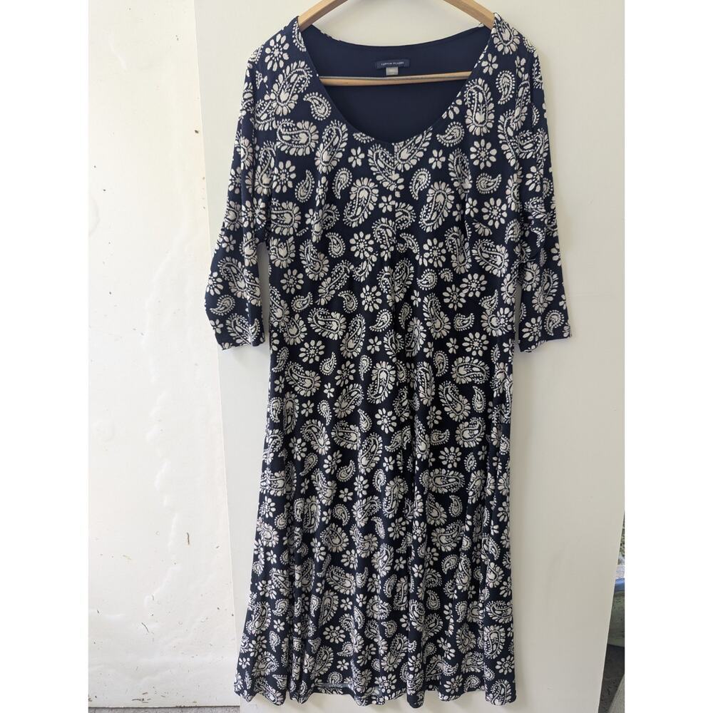 Tommy Hilfiger Paisley Midi Dress Womens 14W Navy Blue Excellent A-Line 3/4 Slee - Picture 2 of 7